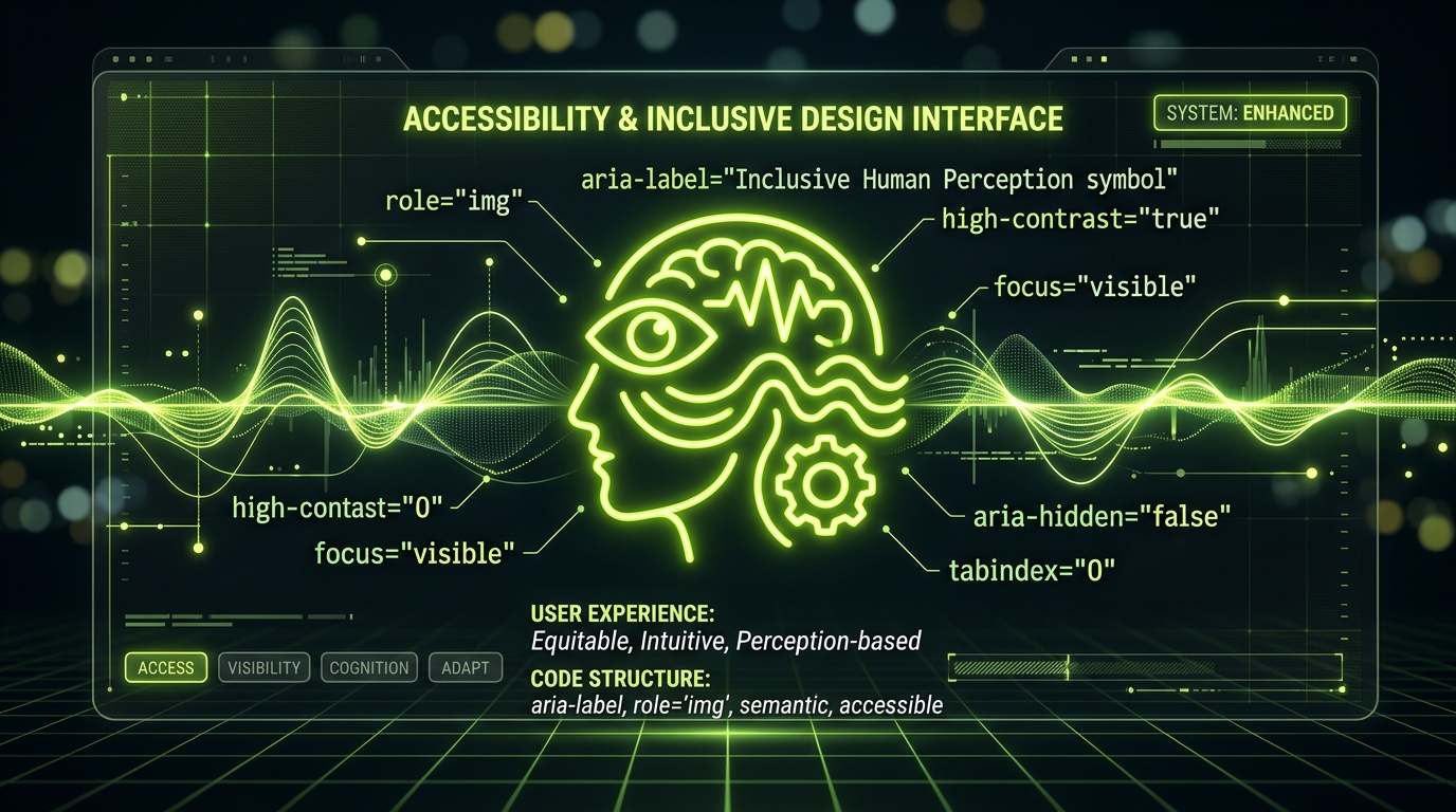 Accessible SVG icon interface showing ARIA attributes and inclusive human perception waveforms