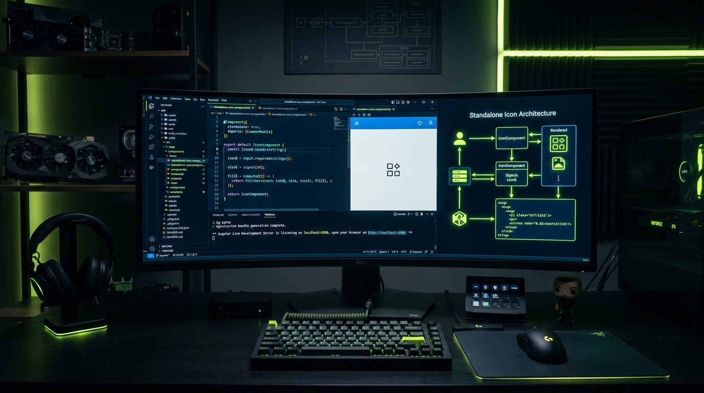 Angular 19 developer workstation with standalone icon component architecture diagram and Signals implementation