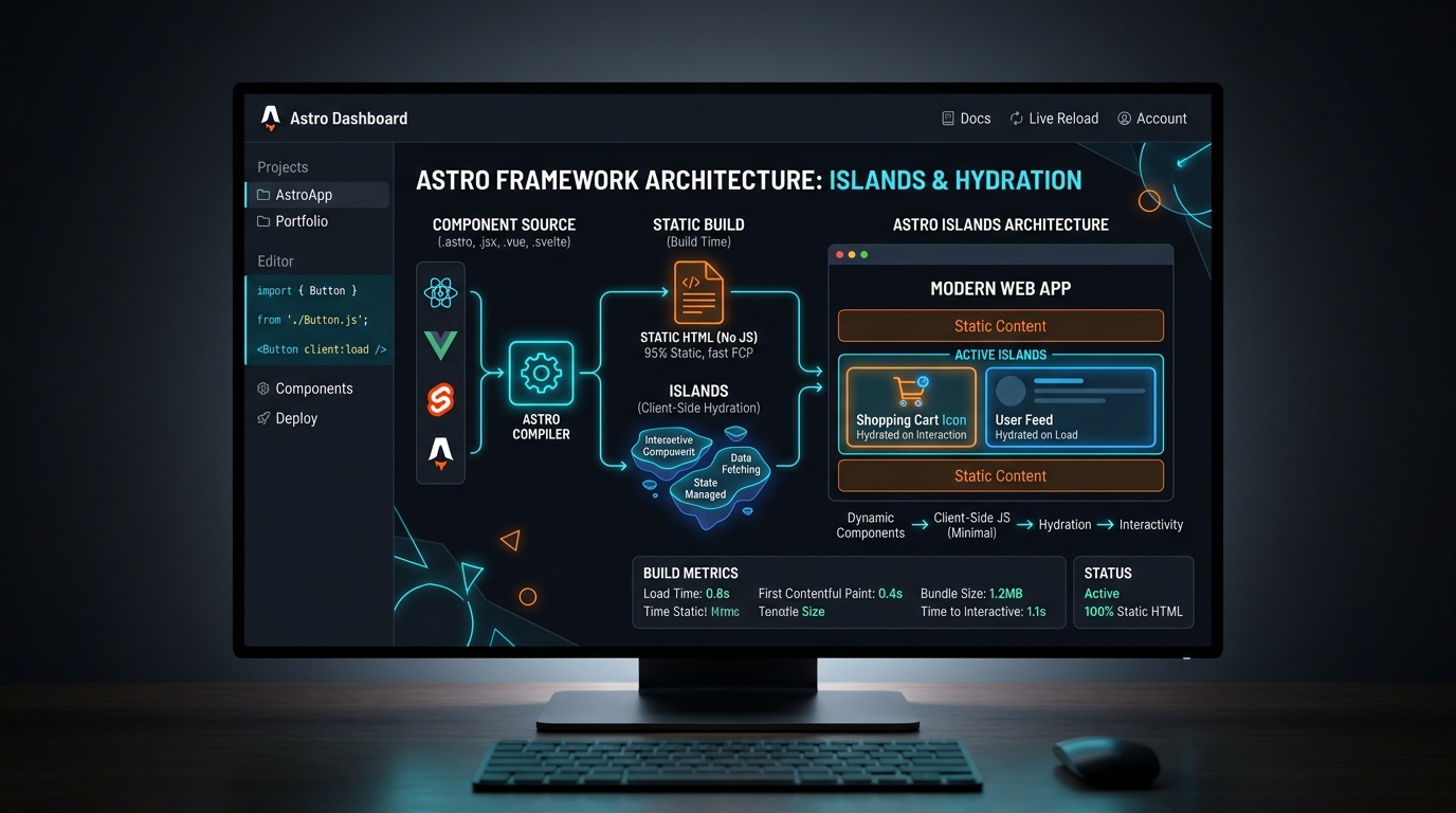 Astro framework architecture diagram showing compiler rendering static SVG markup to HTML with zero client JavaScript and selective island hydration