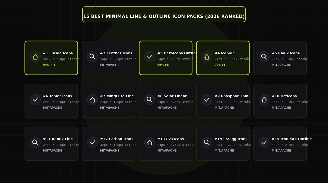 Curated 3x5 matrix showcasing the 15 best minimal line and outline icon packs on dark translucent acrylic cards with neon lime green highlights