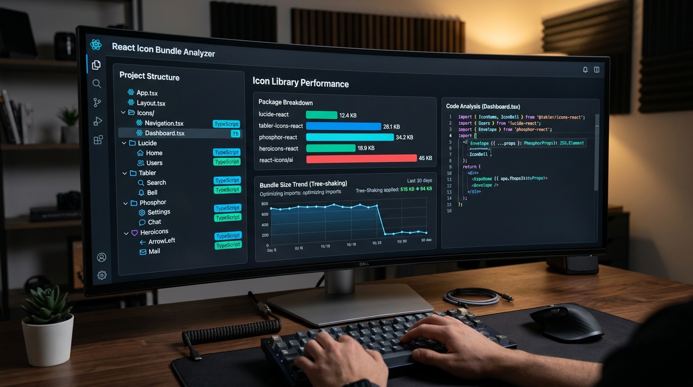 Developer workstation showing React icon bundle analyzer and tree-shaking performance comparison