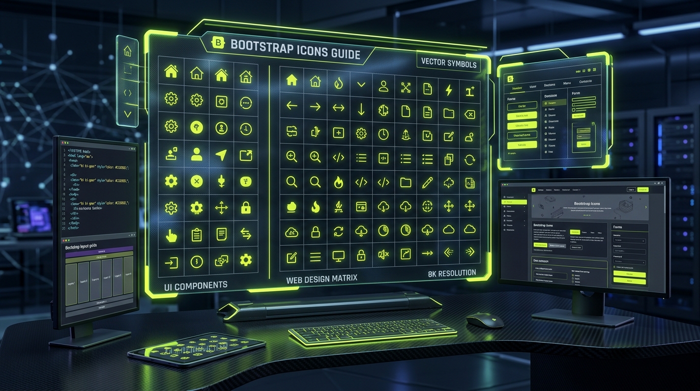 Bootstrap Icons developer workstation with holographic UI panels displaying vector symbols, CDN code, and neon lime green glow accents