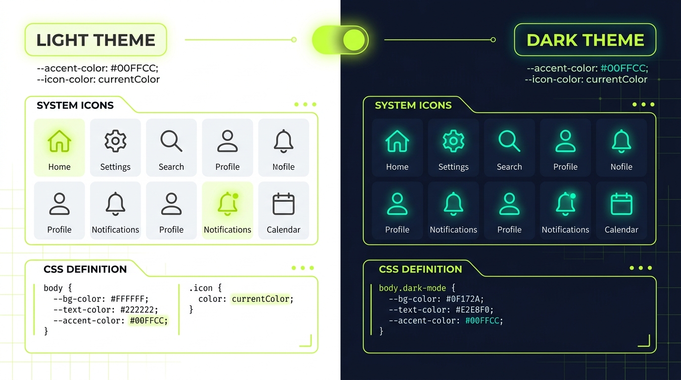 Dark mode and light mode SVG icon theming comparison with currentColor tokens and CSS custom properties