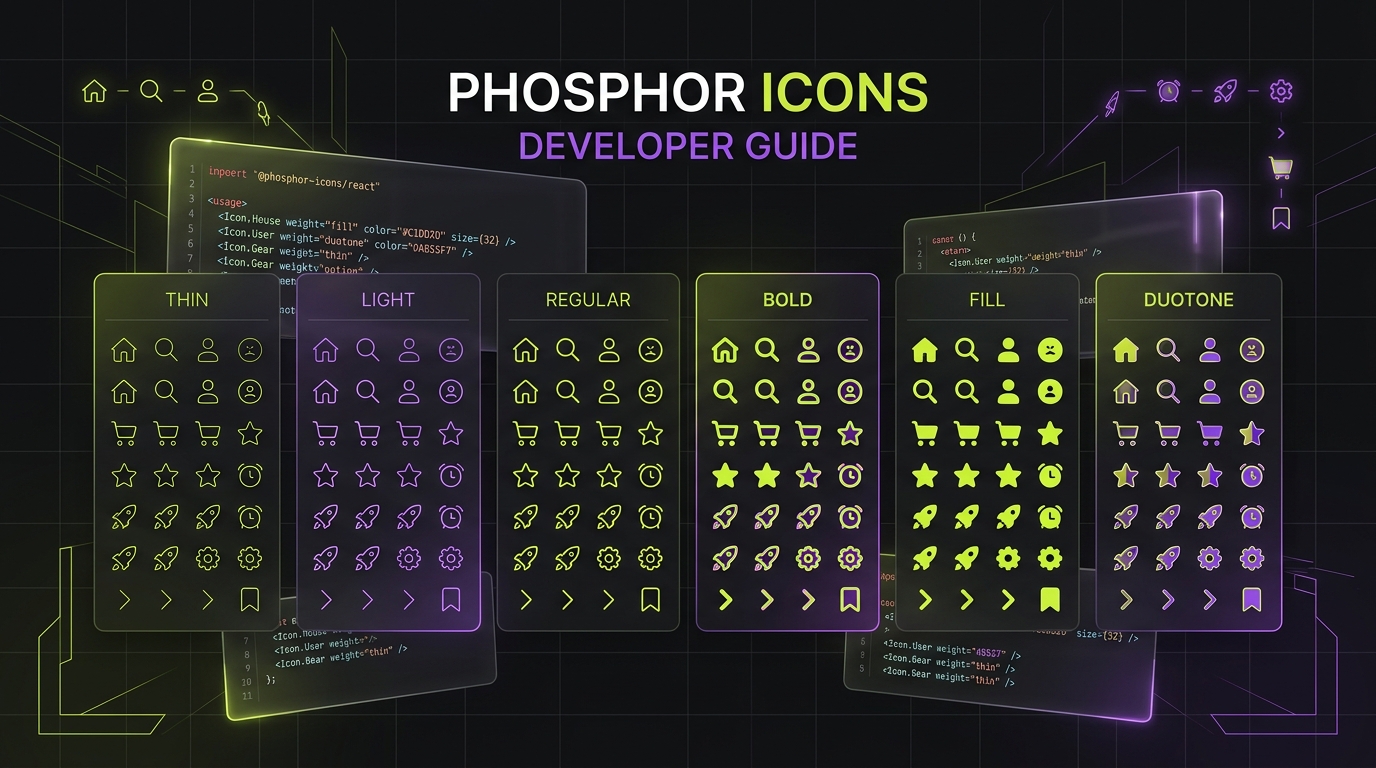 Phosphor Icons developer guide showcasing six weights and React Vue code snippets