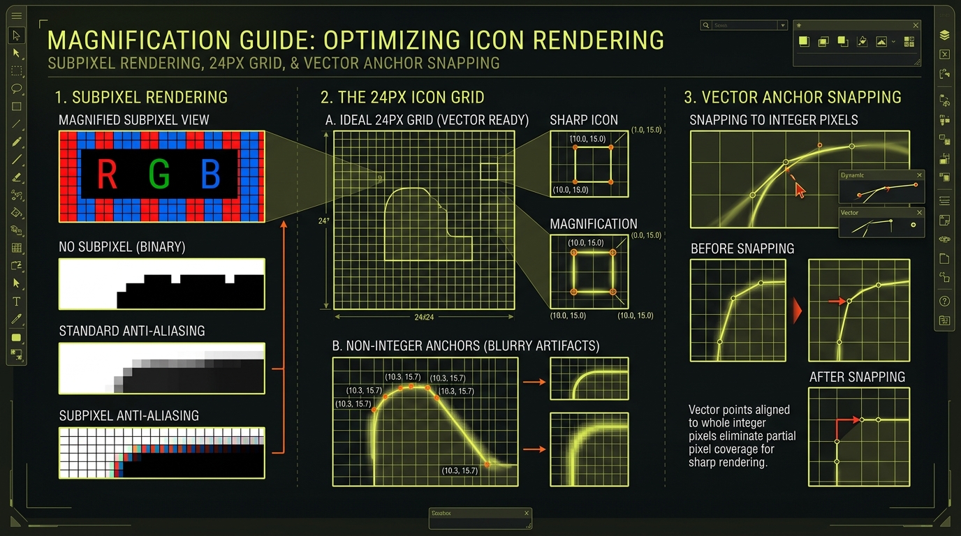 Pixel-perfect vector icon grid showing 24px pixel alignment and half-pixel stroke snapping