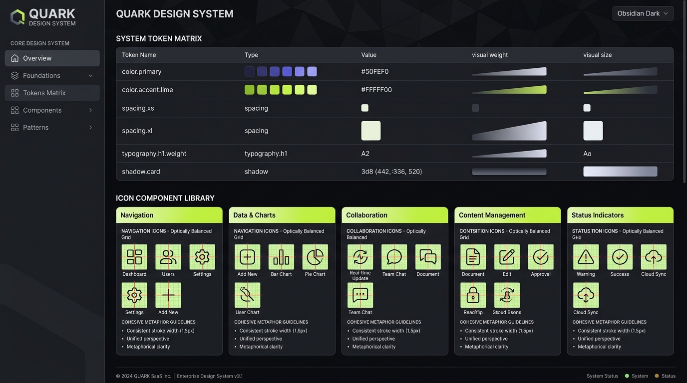 SaaS UI design system showcasing cohesive vector iconography grids and optical weight alignment