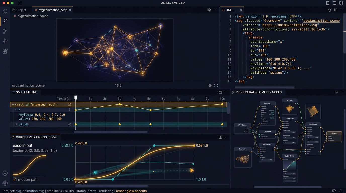 Developer workstation displaying SVG animation timeline interface, SMIL keyframe parameters, and cubic bezier spline easing graph