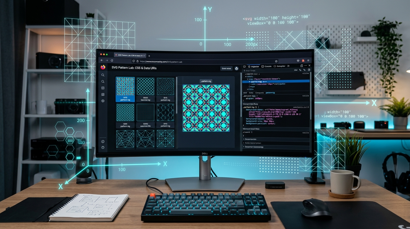 Developer workstation illustrating SVG background patterns, Data URIs, and responsive CSS viewport layout