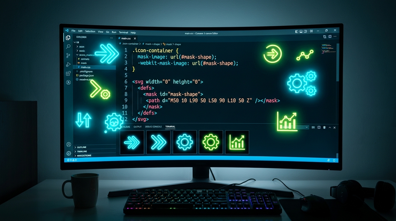 Developer workstation showing CSS mask-image implementation and dynamic currentColor vector icon theming