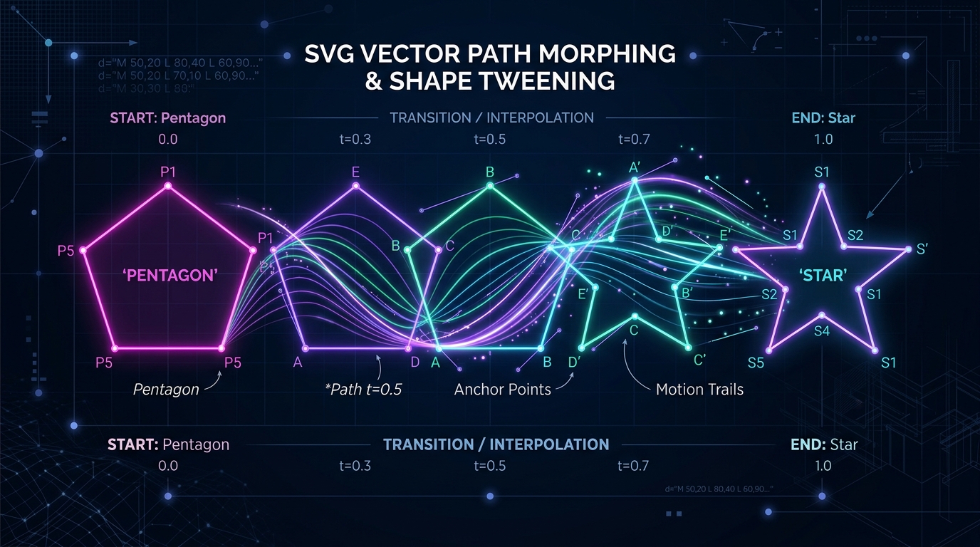 Technical visualization of vector path morphing from pentagon to star showing cubic bezier control handles and vertex interpolation lines