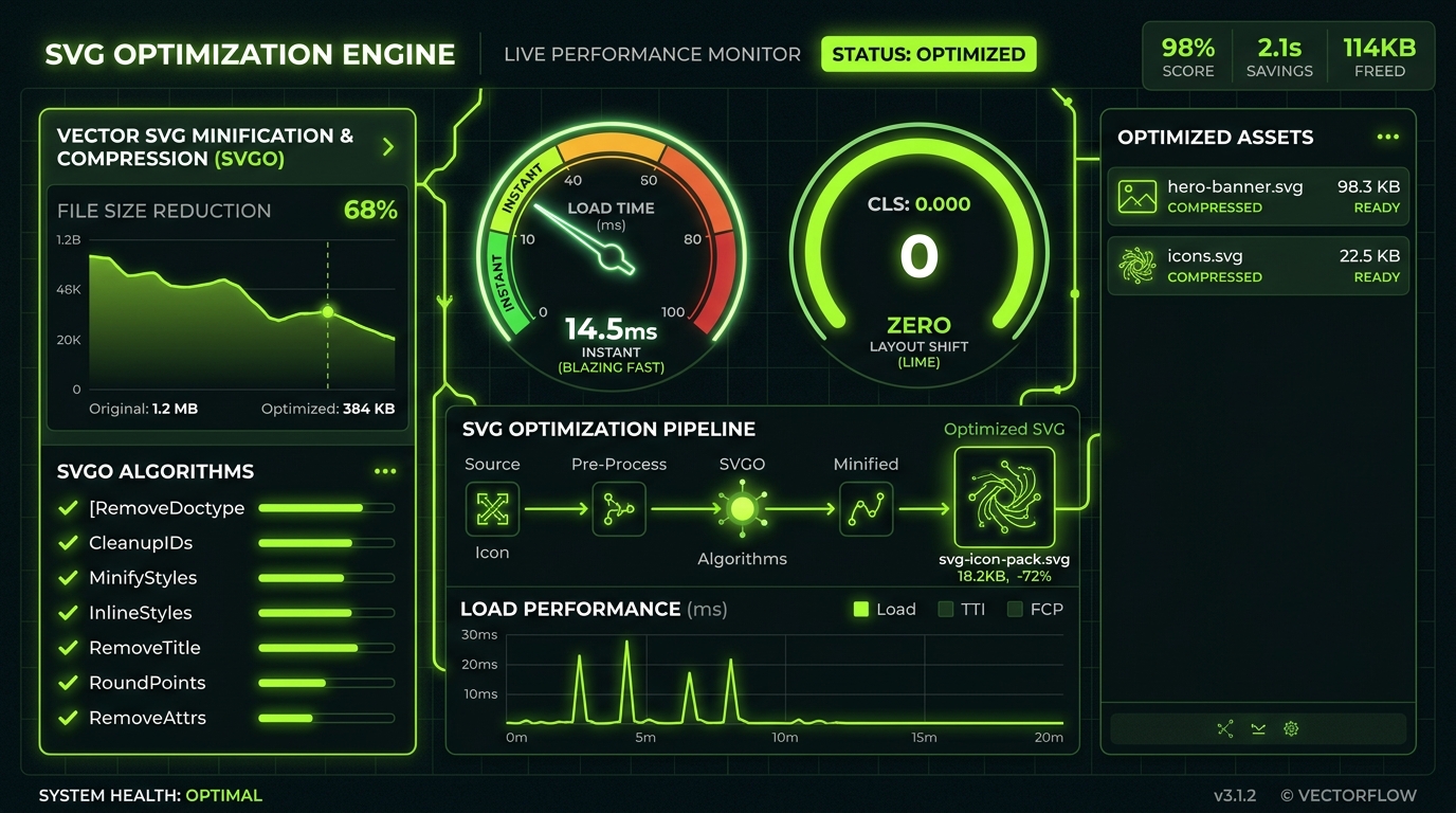 SVG performance optimization workflow diagram displaying SVGO compression and tree shaking